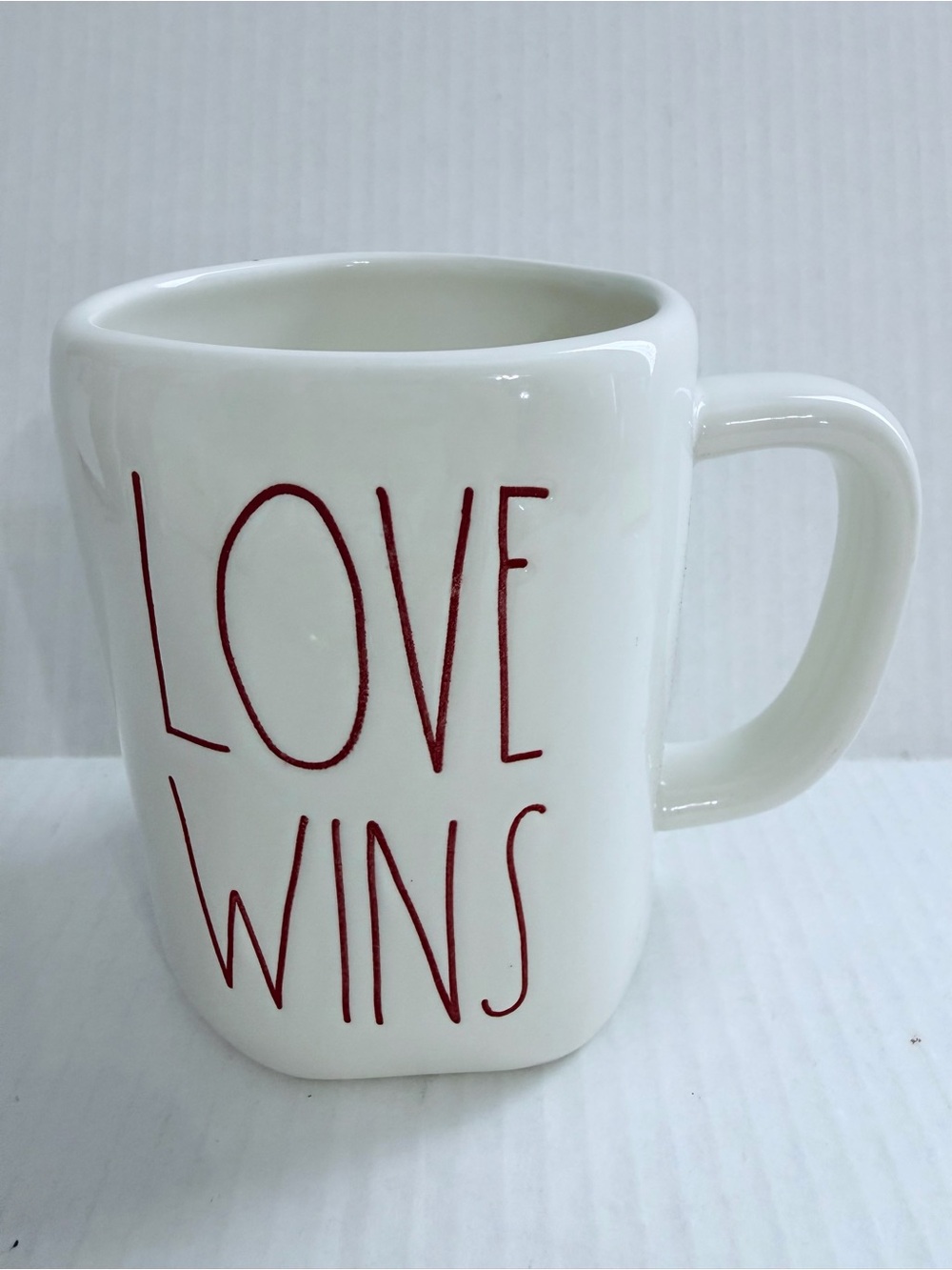 Rae Dunn Artisan Collection White Mug with Red "LOVE WINS" Text